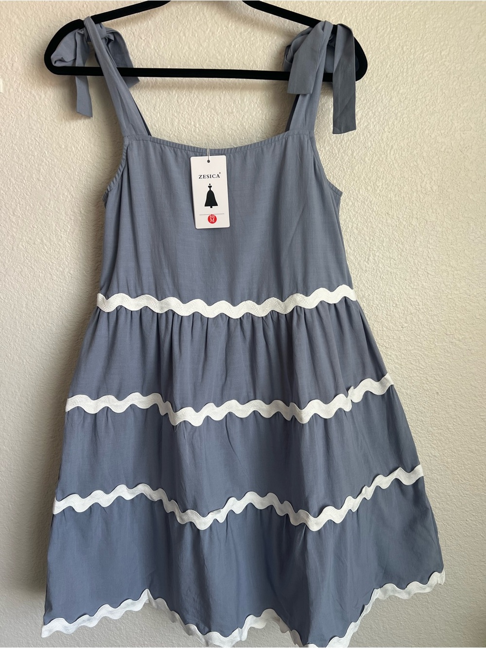Zesica Girls' Slate Blue Tie-Shoulder Dress with White Scallop Trim